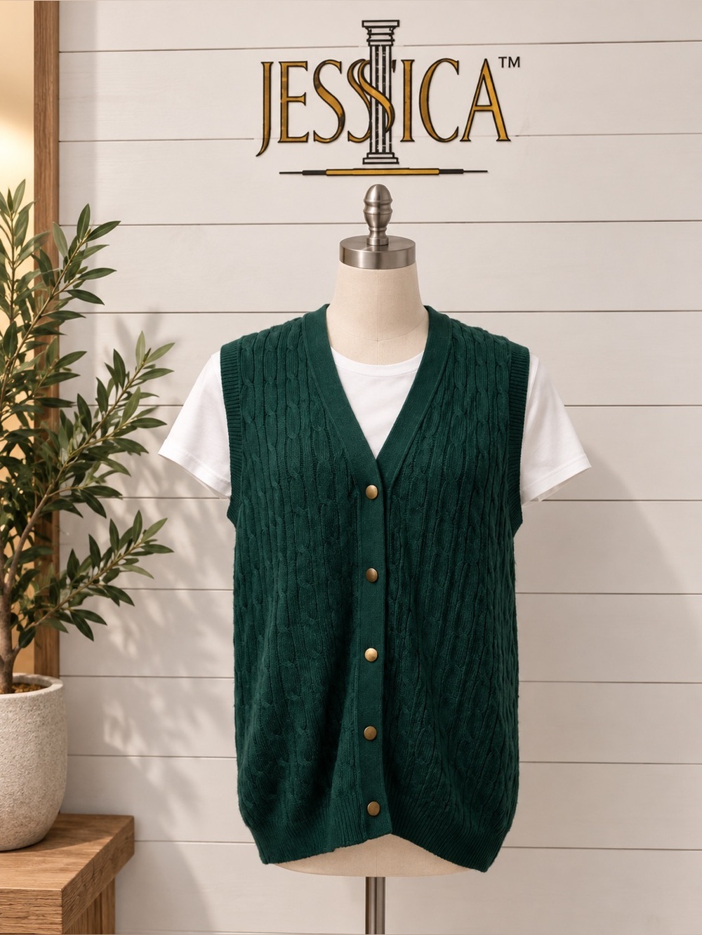 Jessica Vintage Cable-Knit Vest – Green – Size 16–18